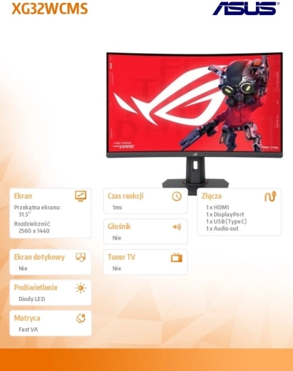 Monitor de gaming 32" ROG XG32WCMS 280 Hz cu HDMI, DisplayPort și USB‑C