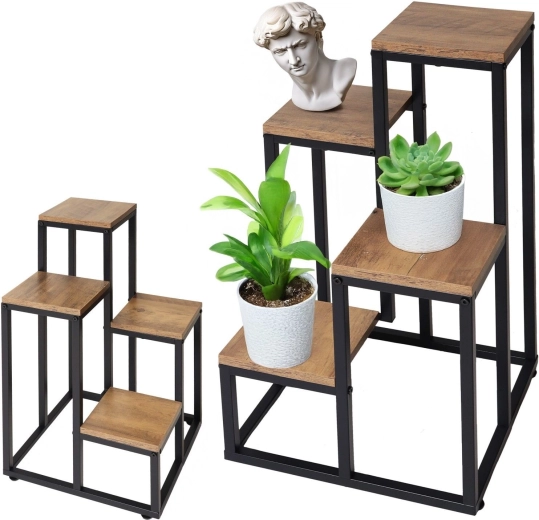 Suport metalic de flori de tip standing cu 4 polițe, în decor stejar rustic