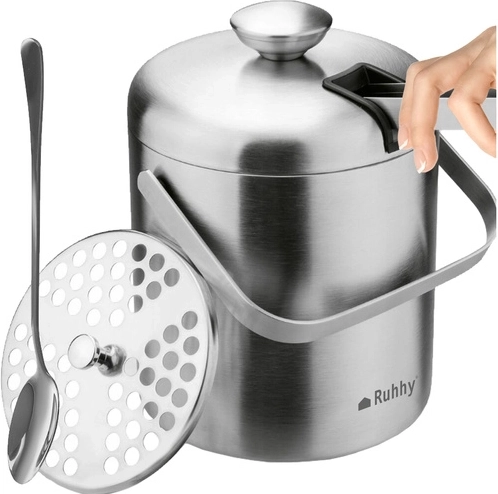 Găleată din inox pentru gheață Ruhhy cu capac, sită, clești și linguriță de bar
