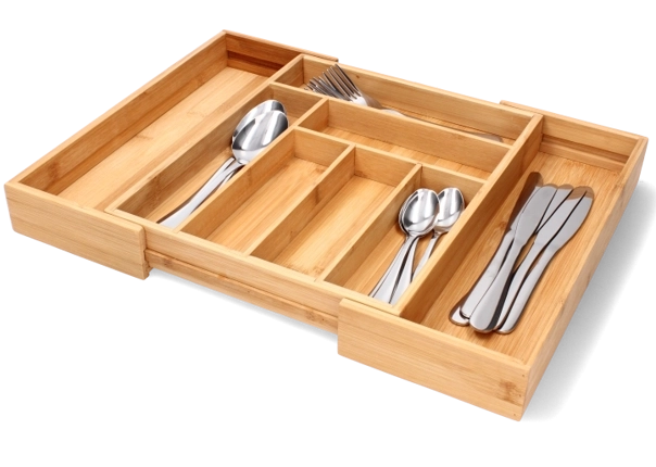 Organizator extensibil din bambus pentru tacâmuri, pentru sertar