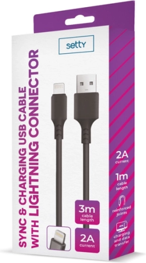 Setty cablu USB–Lightning 3 m 2 A negru