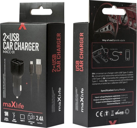 Încărcător auto MAXLIFE 2× USB + USB‑C 2,4 A, negru