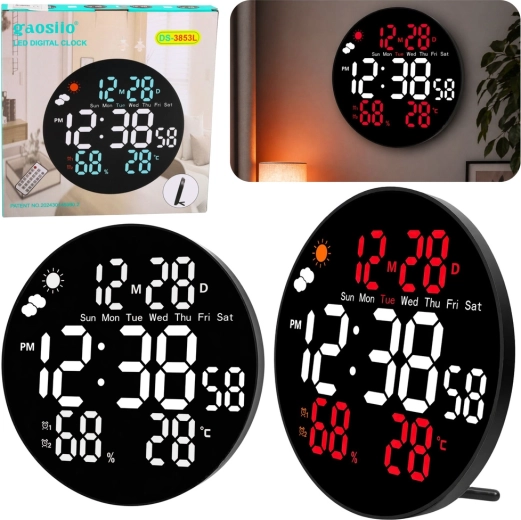 Ceas de perete digital LED Gaosio, 25 cm, cu temperatură, umiditate și telecomandă