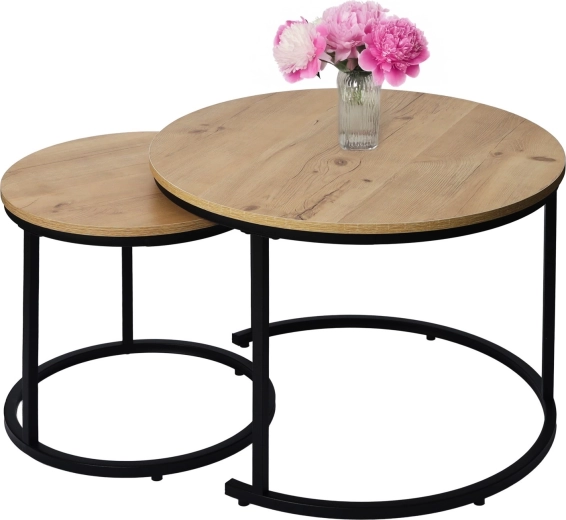 Set de măsuțe de cafea rotunde 2 în 1 în stil loft, stejar antic deschis