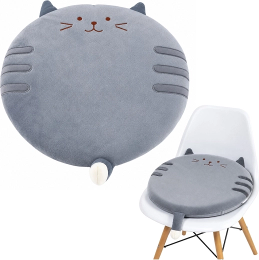 Pernă rotundă din pluș pentru scaun, model pisică, gri, 40 cm