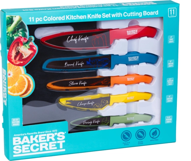 Baker's Secret set de 11 piese de cuțite de bucătărie colorate cu tocător