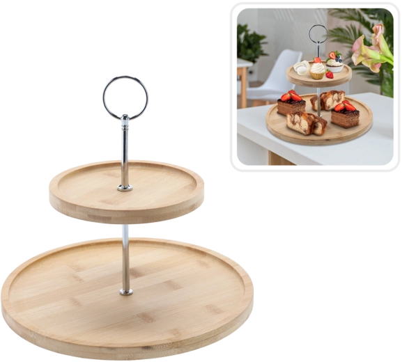 Platou etajat din bambus și metal, cu două niveluri, 22 × 24 cm