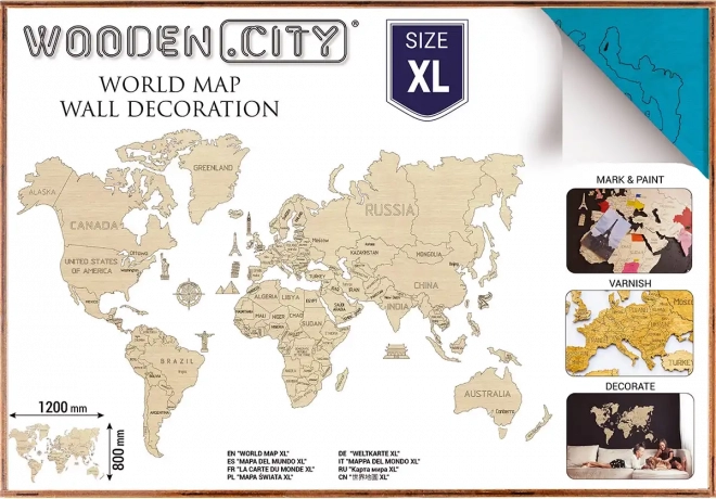 WOODEN CITY hartă 3D din lemn a lumii pentru perete XL – Albastru