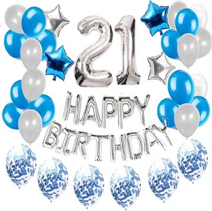 Set de baloane pentru aniversarea de 21 de ani - argintiu și albastru