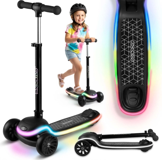 Trotinetă de echilibru pentru copii cu trei roți și șasiu LED Ricokids Leddi – neagră