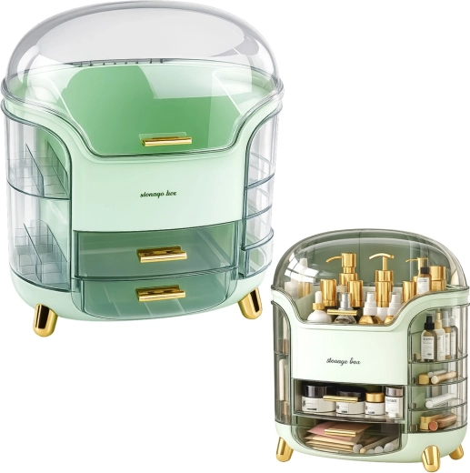 Organizator cosmetic mare cu sertare și capac transparent, verde - 1 bucată