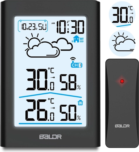 Stație meteo digitală cu senzor wireless, neagră