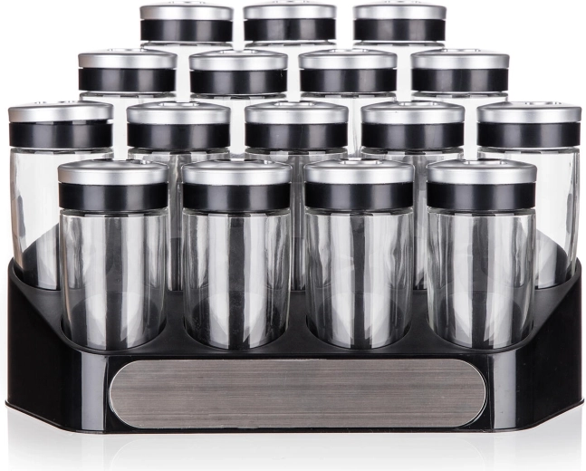 set de borcane pentru condimente ALTIMA cu suport, 16 piese, borcane din sticlă de 95 ml cu capace cu 3 orificii