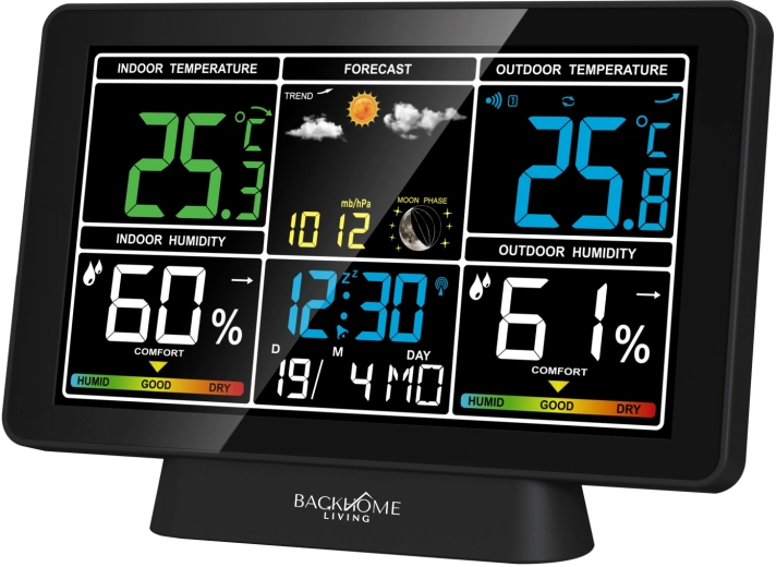 Stație meteo digitală cu RCC, alimentare la rețea și pe baterii, neagră 20 × 4 × 13,5 cm