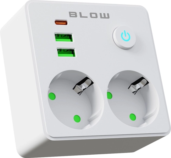 BLOW adaptor de priză cu 2 prize, 2× USB și USB‑C, alb
