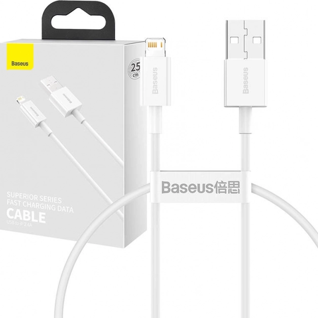 Cablu Baseus Superior USB–Lightning 0,25 m, 2,4 A (alb)
