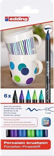 Markere cu vârf-pensulă pentru porțelan Edding – set 6 culori reci