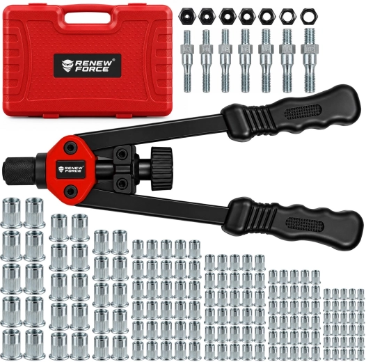 Nituitor manual cu pârghie pentru piulițe nituibile RENEW FORCE M3–M12, cu set de 150 buc. și cutie - 1 bucată