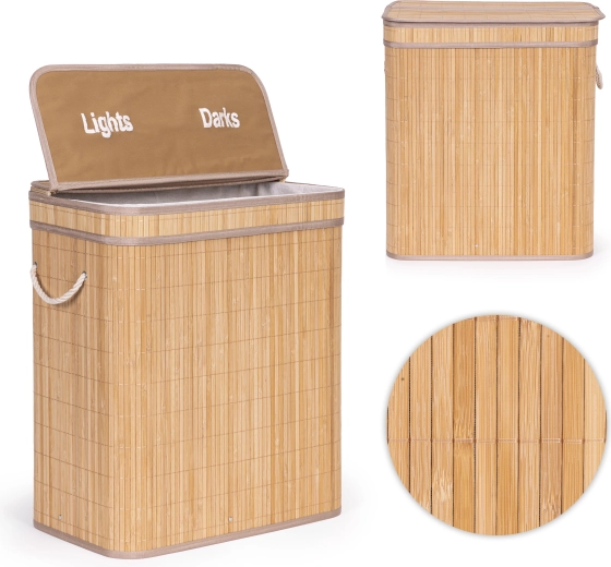 Coș de rufe ModernHome din bambus 100 l cu 2 compartimente și capac