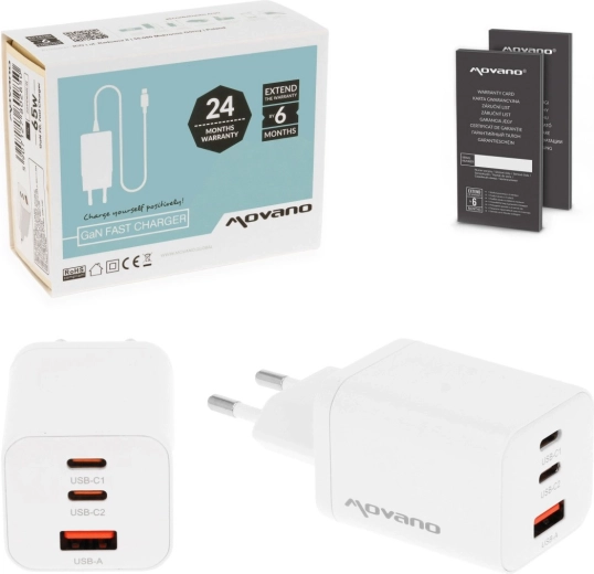 Încărcător Movano GaN 65 W, 2× USB-C PD + USB-A alb
