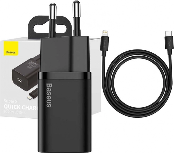 Încărcător rapid Baseus Super Si 1C 20W cu cablu USB-C la Lightning 1m negru