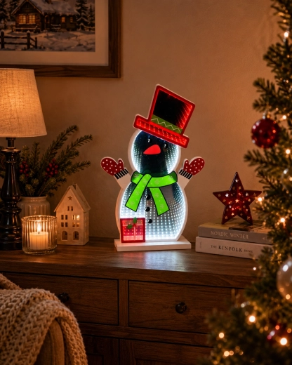 Decorațiune LED 3D de Crăciun – om de zăpadă cu efect de oglindă Infinity – 1 buc