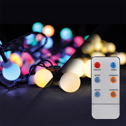 Solight lanț de Crăciun LED pentru exterior 2în1 cu bile și telecomandă, 100 LED, RGB + alb neutru, 10 m + 5 m, IP44