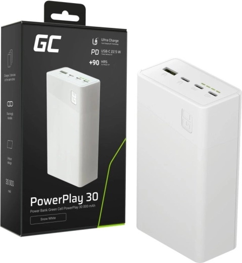 Power bank 30000 mAh, 22,5 W, 4 porturi, albă
