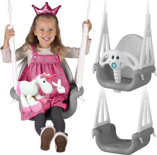 Ricokids leagăn pentru copii tip balansoar Elefănțel 3în1 gri-alb
