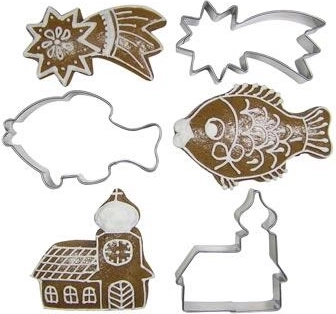Set de forme decupatoare din oțel inoxidabil pentru prăjituri – cometă, crap și căsuță de biserică, 10 buc