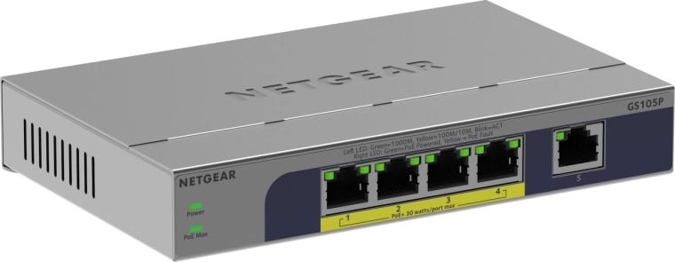 Switch gigabit Netgear neadministrat cu 5 porturi, cu PoE+