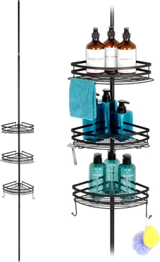 Poliță de duș telescopică de colț din metal, neagră, reglabilă