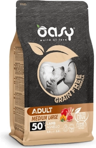 Oasy hranule fără cereale pentru câini adulți de rase medii și mari – miel 2,5 kg