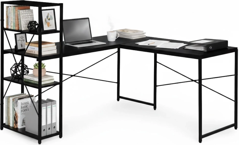 Birou colțar pentru computer cu rafturi, 3 nivele, stil loft negru ModernHome