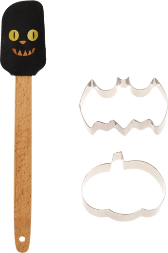 Set de copt Halloween, 3 piese (spatulă din silicon + 2 forme decupatoare)