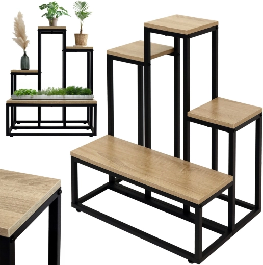 Suport metalic de flori, vertical, etajat, pentru 6 flori, în decor stejar rustic – 1 bucată
