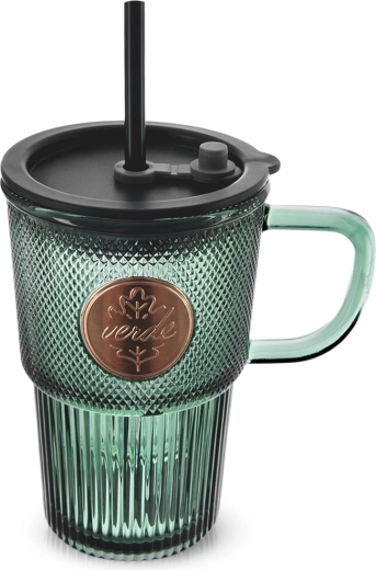 Cană din sticlă cu capac și pai VERDE 450 ml