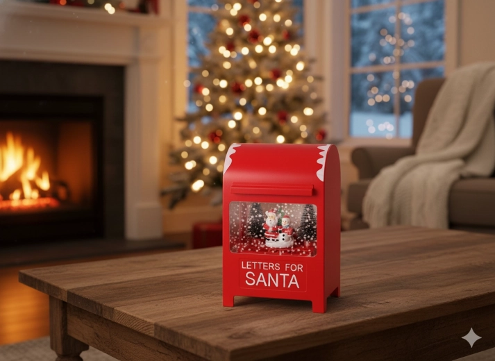 Cutie poștală de Crăciun cu mecanism muzical LED, roșie, 15 × 12 × 23 cm