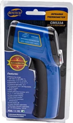 Termometru laser infraroșu fără contact (pirometru) Benetech -50 până la 530 °C, albastru - 1 bucată