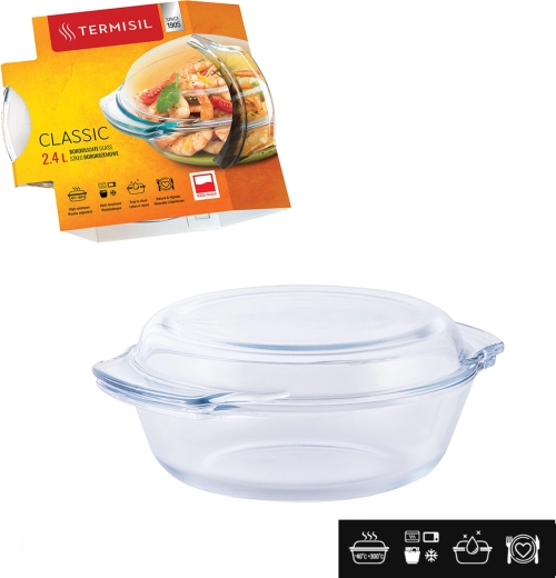 Vas rotund termorezistent Termisil 2,4 l din sticlă borosilicată cu capac