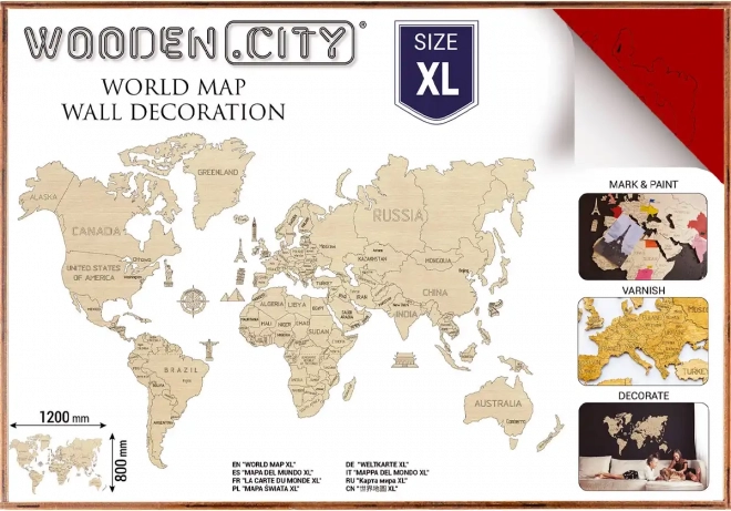 WOODEN CITY hartă 3D din lemn a lumii pentru perete XL – Coral