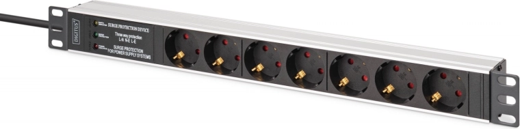 PDU bară de distribuție pentru rack 19" cu protecție la supratensiune și filtru EMI/RFI, 7 prize Schuko, cablu 2 m, fișă CEE 7/7, 16 A