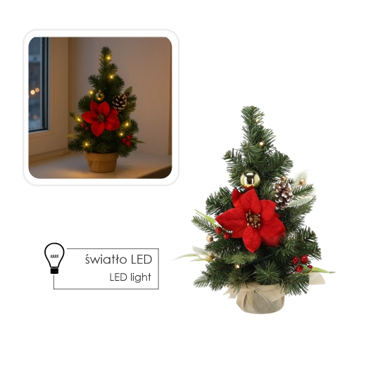 Brad de masă de Crăciun 40 cm cu LED-uri calde, roșu-auriu