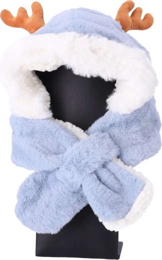Căciulă din pluș pentru copii cu fular, pentru vârste între 1 și 7 ani - albastru deschis cu urechi de cerb