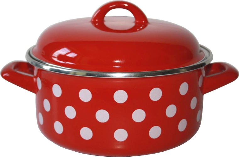 Caserolă emailată cu capac 14 cm 1 l Buline roșii