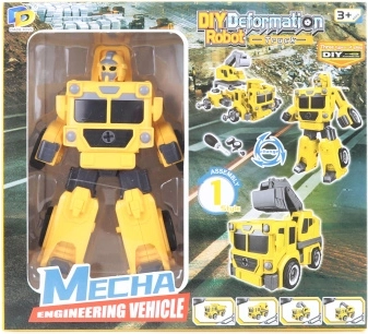 Robot asamblabil cu șuruburi pliabil galben 2‑în‑1 – camion cu excavator