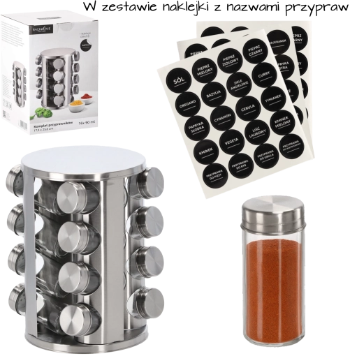 Suport rotativ rotund pentru condimente din oțel inoxidabil cu 16 borcănașe de sticlă