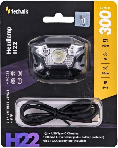 Tehnik H22 cu USB‑C, lumină albă, roșie și verde (300 lm)