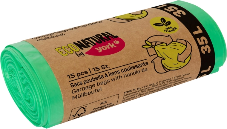 Pungi ecologice pentru gunoi cu mânere 35 l, verzi, 50 × 60 cm (15 buc.)