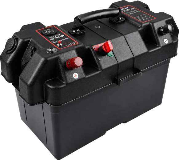 Cutie portabilă pentru acumulator de 12 V cu voltmetru și 2× USB